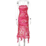 Tube Tops Mesh Printed Ruffle Flutter Split Midi Dress FL-YJ24683PFO