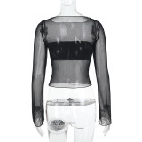 Mesh See Through Long Sleeve T Shirt FL-JY25034DGO