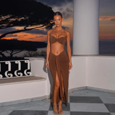 Solid Color Wrap Chest Pleated Long Skirt Suit FL-WQ24276MHO