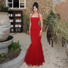 Halterneck Backless Fishtail Patchwork Gown Dress FL-YJ25066MHO
