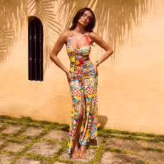 Colorful Print Halterneck Split Maxi Dress FL-XY25038PFO