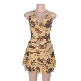 Pocket Neck Halter Backless Printed Dress FL-YJ25031MHO