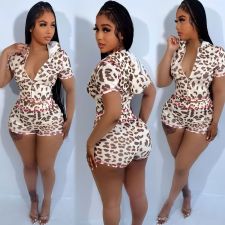 Leopard Print Zipper Hooded Shorts Suit GDIM-2512