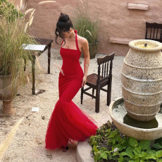 Halterneck Backless Fishtail Patchwork Gown Dress FL-YJ25066MHO