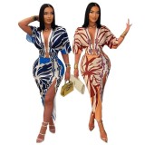 Print V Neck Short Sleeve Split Maxi Dress GDIM-2513