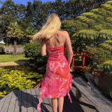 Tube Tops Mesh Printed Ruffle Flutter Split Midi Dress FL-YJ24683PFO