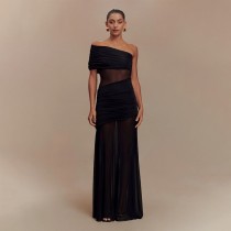 Mesh Patchwork Single Shoulder Maxi Dress FL-JY25043DGO