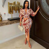 Print V Neck Short Sleeve Split Maxi Dress GDIM-2513