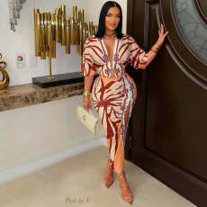 Print V Neck Short Sleeve Split Maxi Dress GDIM-2513