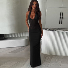 Solid Color Mesh Backless Maxi Dress FL-JY25042PFO