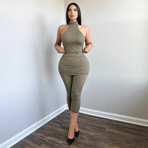 Sleeveless Solid Color Vest And Fifth Pants Suit FL-YJ25038DGO