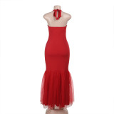 Halterneck Backless Fishtail Patchwork Gown Dress FL-YJ25066MHO