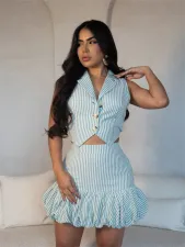 V-neck Striped Single-breasted Vest Skirt Suit YWXS-XS-L45607