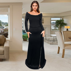 Long Sleeve Solid Color Split Maxi Dress BY-7283