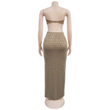 Hot Drill Wrap Chest Long Skirt 2 Piece Set BY-7222