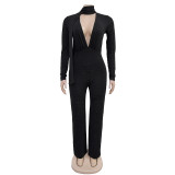 Long Sleeve Deep V Neck Hot Drill Jumpsuit BY-7213