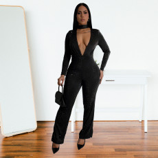 Long Sleeve Deep V Neck Hot Drill Jumpsuit BY-7213