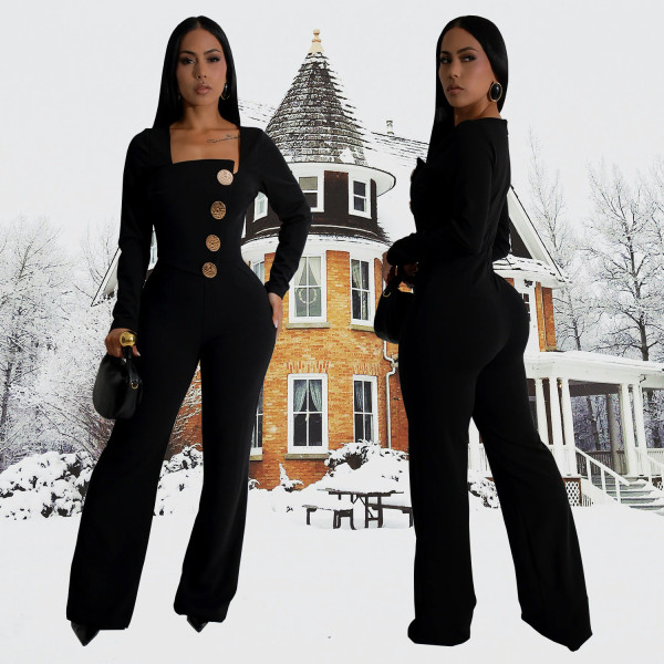 Solid Color Long Sleeve Jumpsuit BY-7201