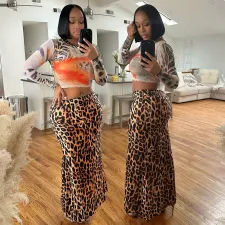 Long Sleeve Tops And Leopard Print Long Skirts Suit CYA-901787