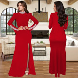 Solid Color Long Sleeve Hot Drill Split Maxi Dress BY-7271