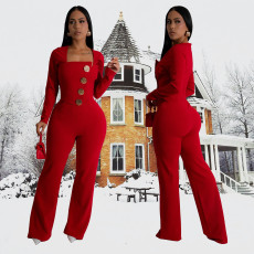 Solid Color Long Sleeve Jumpsuit BY-7201
