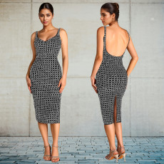 Backless Hot Drill Sling Midi Dress BY-7219