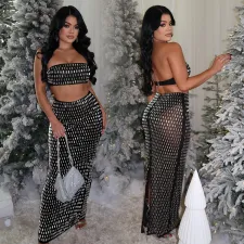 Hot Drill Wrap Chest Long Skirt 2 Piece Set BY-7222