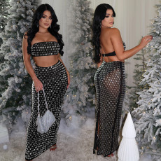 Hot Drill Wrap Chest Long Skirt 2 Piece Set BY-7222
