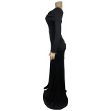 Long Sleeve Solid Color Split Maxi Dress BY-7283