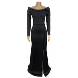 Long Sleeve Solid Color Split Maxi Dress BY-7283
