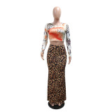 Long Sleeve Tops And Leopard Print Long Skirts Suit CYA-901787