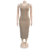 Backless Hot Drill Sling Midi Dress BY-7219