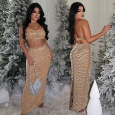 Hot Drill Wrap Chest Long Skirt 2 Piece Set BY-7222