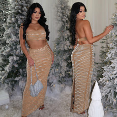 Hot Drill Wrap Chest Long Skirt 2 Piece Set BY-7222
