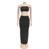Hot Drill Wrap Chest Long Skirt 2 Piece Set BY-7222