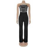 Hot Drill Wrap Chest Solid Color Loose Jumpsuit BY-7343