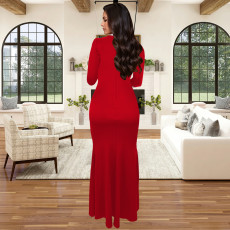 Solid Color Long Sleeve Hot Drill Split Maxi Dress BY-7271