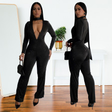 Long Sleeve Deep V Neck Hot Drill Jumpsuit BY-7213