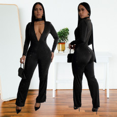 Long Sleeve Deep V Neck Hot Drill Jumpsuit BY-7213
