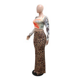 Long Sleeve Tops And Leopard Print Long Skirts Suit CYA-901787