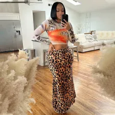 Long Sleeve Tops And Leopard Print Long Skirts Suit CYA-901787