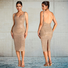 Backless Hot Drill Sling Midi Dress BY-7219
