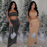 Hot Drill Wrap Chest Long Skirt 2 Piece Set BY-7222