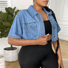 Plus Size Loose Short Shirt Denim Jacket  GDAM-218707