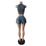 Fashion Denim Sleeveless Vest Shorts 2 Piece Set MEM-88641