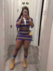 Stripe Contrast Color Tops Two Piece Skirt Set YWXS-XS-L45372