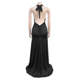 Halterneck Deep V Neck Split Maxi Dress BY-7225