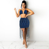 Casual Denim Tie Up Grids Splice Denim Skirt Suit GDAM-715