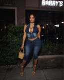Fashion Denim Zipper Tops Seventh Pants Suit MEM-88643