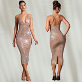 Hot Drill Slim Solid Color Sexy Midi Dress BY-7210